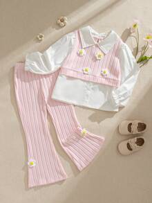 SHEIN 2pcs/Set Young Girl' Fashion Ribbed Patchwork White Long Sleeve Collared Shirt And Pink Ribbed Pants Outfit, Suitable For Casual Wear And Outings - Pink - View 3