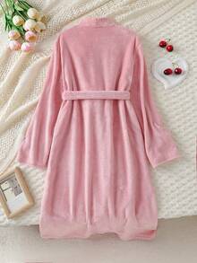 少女优雅粉色阻燃保暖柔软毛绒睡衣，饰有可爱心形刺绣图案，长袖长袍，腰部系带 - 粉色 - 查看 2