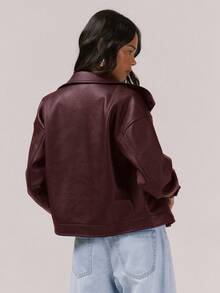 MUSERA 修身高领不对称按扣机车夹克，适合夜间外出、冬季返校、日常穿着、外套、派对和优雅晚宴。 - 酒紅色 - 查看 5