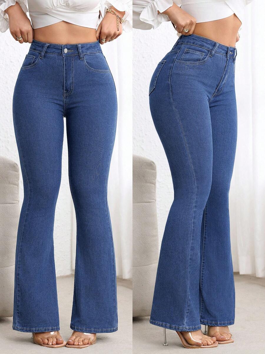 SHEIN PETITE Women's High Waist Pocket Flare Casual Versatile Jeans - Medium Wash - View 1