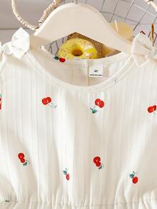 Genkimix Kids 女童可爱樱桃印花吊带背心，带蝴蝶结，后背纽扣收腰阔腿休闲连体裤