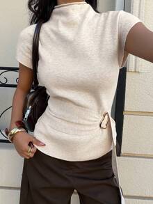 Siren Gaze Women's Versatile Cream Waist Belt For Women Featuring A Stylish Gold Statement Buckle Stand Collar Batwing Short Sleeve Waist Metal Design Casual Knit Top Buckle Top Summer Tops Women Summer Outfits Spring Break Outfits Going Out Tops For Women - Apricot - View 1