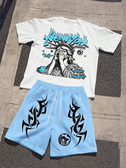 Manfinity EMRG Conjunto de camiseta con estampado de letra y retrato y pantalones cortos con cordón para hombre