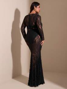 SHEIN BAE Plus Size Women's Lace See-Through Long Sleeve Black Dress,Elegant Curve Autumn Formal Evening Cocktail Outfit,Wedding Guest Graduation Ribbon - Black - View 2