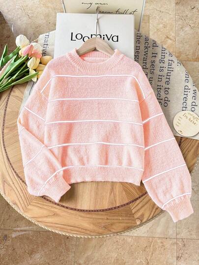 Sparklyn 少女复古撞色条纹宽松短款长袖上衣，面料柔软舒适，适合休闲、户外、聚会、居家穿着，秋冬季百搭单品。