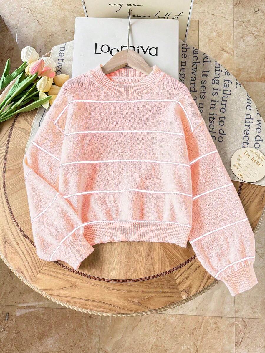 Sparklyn 少女复古撞色条纹宽松短款长袖上衣，面料柔软舒适，适合休闲、户外、聚会、居家穿着，秋冬季百搭单品。 - 粉色 - 查看 1