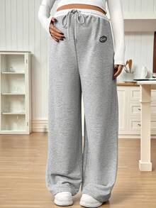 SHEIN 孕妇字母图案抽绳腰口袋阔腿休闲裤 - 灰色 - 查看 7