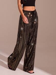 SHEIN Glamour 派对针织金属线黑色底金色亮片女裤，松紧腰喇叭裤，适合派对、舞台穿着 - 黑色 - 查看 4