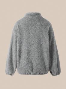 SHEIN ChillGRL 少女灰色立领字母标志休闲外套，双面羊毛拉链款式，适合秋冬季 - 灰色 - 查看 2