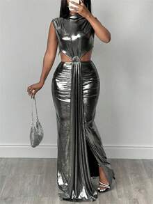 BamGleam Fashionable Sexy Metallic Cutout Dress - Silver - View 4