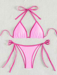 Swim Vcay Ladies Sexy Colorblock Halter Neck Tie Bikini Set For Vacation,Summer Beach