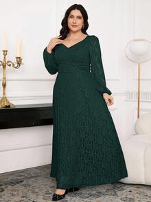 Modelyn Plus Size Women Sweetheart Neck Lace Lantern Sleeve Ruched Waist Elegant Dress Fall - Dark Green - View 6