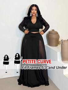 SHEIN PETITE CURVE Women's Elegant And Sophisticated Two-Piece Set For Spring And Autumn: A Black Deep-V Sheer Long-Sleeved Top And Black Midi Skirt, Plus-Size And Slimming Evening Wear. Perfect For Girls' Outings, Parties, Holidays, New Year's, Valentine's Day, And Summer.