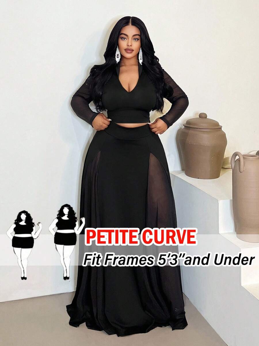 SHEIN PETITE CURVE Women's Elegant And Sophisticated Two-Piece Set For Spring And Autumn: A Black Deep-V Sheer Long-Sleeved Top And Black Midi Skirt, Plus-Size And Slimming Evening Wear. Perfect For Girls' Outings, Parties, Holidays, New Year's, Valentine's Day, And Summer.