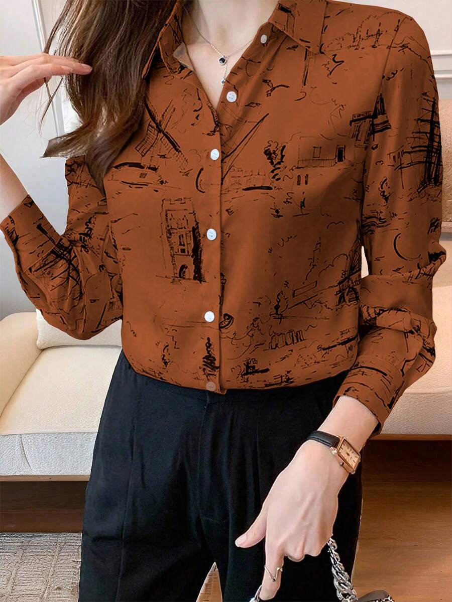 SHEIN LUNE 女士抽象印花长袖单排扣休闲衬衫 - 珊瑚橙 - 查看 1