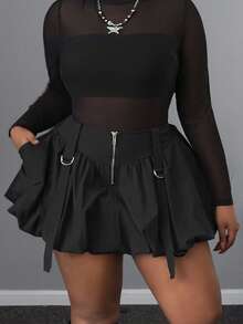 SHEIN CURVE+ Váy ngắn màu trơn viền bèo nhún cỡ lớn gợi cảm cho nữ, thích hợp mặc đi làm và đi chơi, mùa thu/đông - màu đen - Xem 2