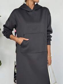 EMERY ROSE 女士休闲宽松长款卫衣连衣裙，背面印花设计，适合秋冬季穿着 - 深灰色 - 查看 5
