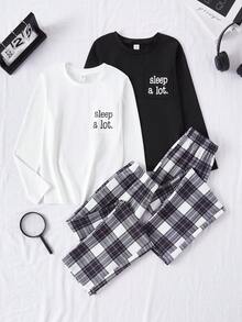 男童休闲字母格子印花长袖上衣和裤子四件套舒适睡衣套装 - 黑與白 - 查看 4