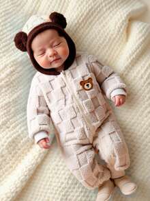 Souflis 2025秋冬新款法式加厚长袖卡其色连帽熊耳连体裤，适合玩耍、聚会、居家及多场合穿着，幼儿男童 - 卡其色 - 查看 10