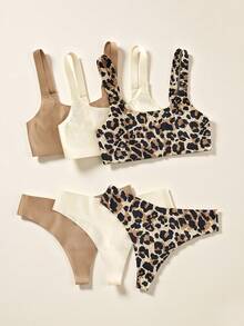 6件套休闲女士舒适简约时尚豹纹无衬垫钢圈文胸和低腰丁字裤内衣套装 - 彩色 - 查看 1