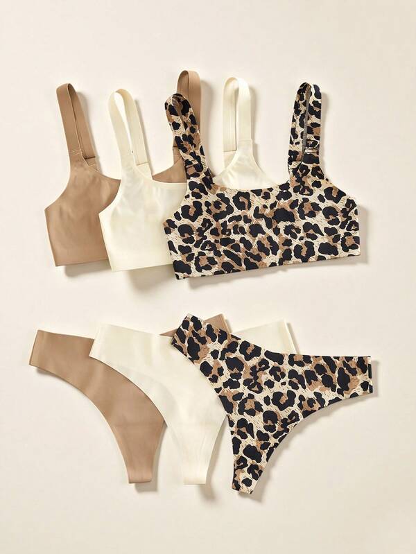6pcs/Set Casual Women's Comfortable Minimalist Fashion Leopard Print Unlined Wireless Bra And Low-Waist Thong Underwear Set