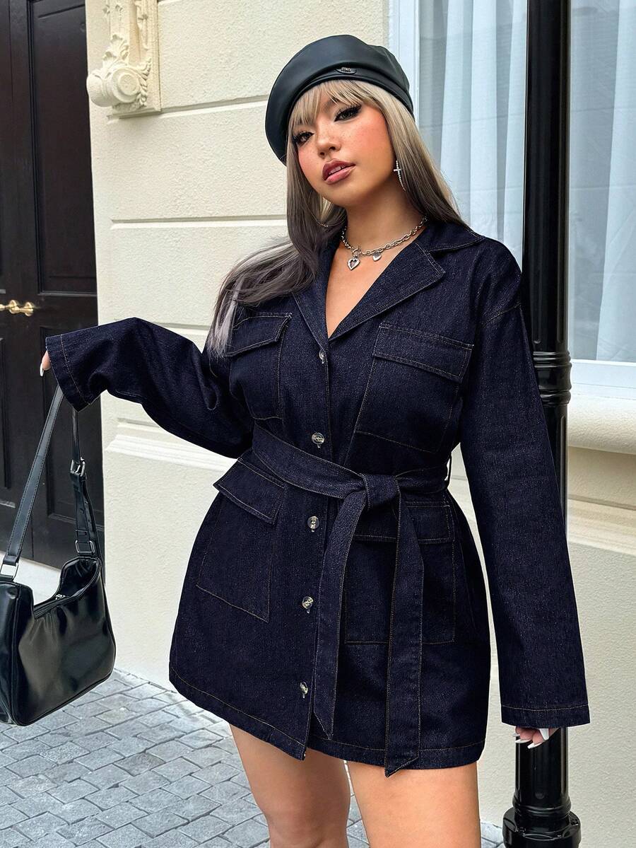 SHEIN EZwear 大码纯色落肩长袖前扣牛仔衬衫裙,时尚百搭 - 深色水洗藍 - 查看 1