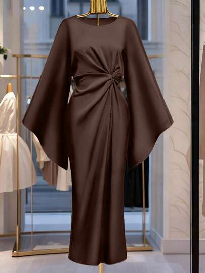 Franclia Champagne Satin Formal Dress, Round Neck Twist Design, Flare Sleeve Fitted Long Gown, Ideal For Formal Events/Parties