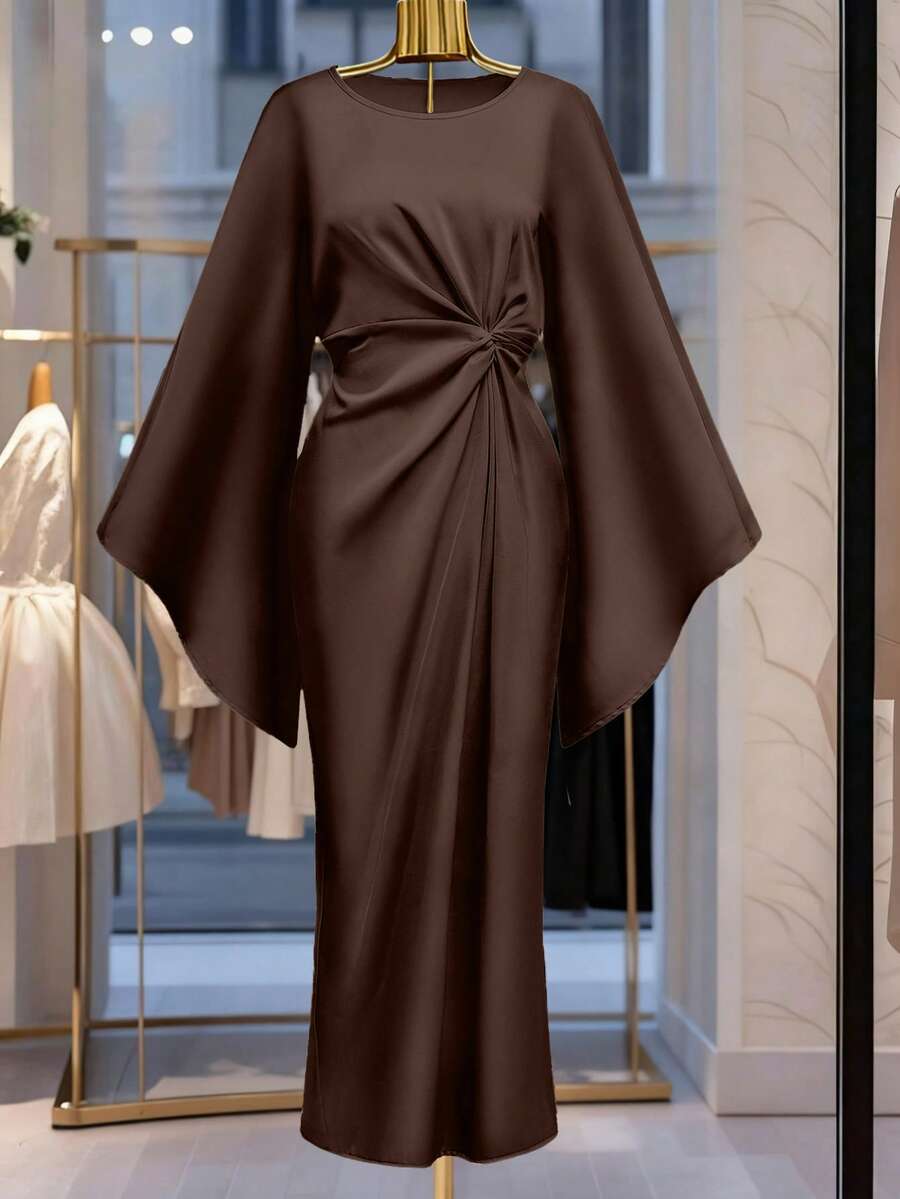 Franclia Đầm dạ hội satin màu sâm panh, thiết kế cổ tròn xoắn, váy dài ôm sát tay loe, lý tưởng cho các sự kiện/tiệc trang trọng - màu nâu - Xem 1