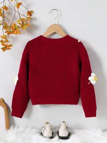 SHEIN 女童花卉图案长袖针织开衫，秋冬款 - 酒紅色 - 查看 2