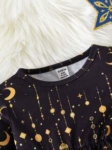 SHEIN Baby Girl Lantern Print Casual Comfortable Long Sleeve Dress, Holiday Edition - Black - View 5