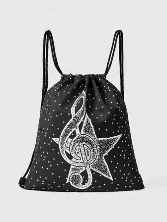 Anime Mochila de cordón negro de gran capacidad con estampado de notas musicales y estrellas, mochila casual con estilo Y2K adecuada para la escuela, viajes y compras