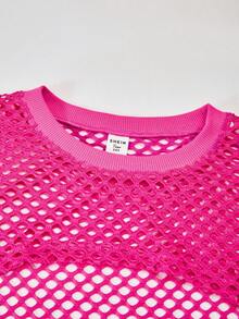 SHEIN ChillGRL 青少年女孩 3 件套服裝組合：寬鬆牛仔效果長褲、短版細肩帶背心上衣、長袖網紗連帽上衣，街頭風 Y2K 時尚穿搭 - 玫紅色 - 查看 6