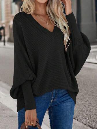 Écloséra Women's Solid Color V-Neck Batwing Long Sleeve Loose Sweater, Autumn/Winter