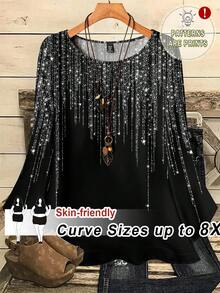 SHEIN CURVE+ Blusa holgada de cuello redondo con estampado total para mujer de talla grande, de manga 3/4 - Negro - Ver 1
