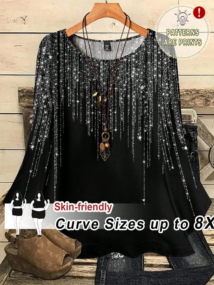 SHEIN CURVE+ Blusa holgada de cuello redondo con estampado total para mujer de talla grande, de manga 3/4 - Negro - Ver 1