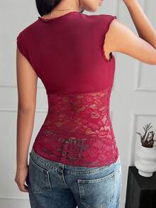 Zavorell 女士Y2K极简性感可爱酒红色薄纱蕾丝低胸心形领口蝴蝶结装饰浪漫情人节短袖上衣，圣诞节、新年派对和毕业派对背心 - 酒紅色 - 查看 2