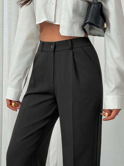 EURMUSE Classic Belted Detalied Pants, High-Waisted Design, Pleated Front, Business Attire, Straight Leg Cut, Professional Wear, Tailored Fit, Office Fashion, Formal Trousers, Smart Casual, Clean Lines, Traditional Style, Work Wardrobe Essential, Quality Fabric, Sophisticated Look, Corporate Wear, Modern Silhouette, Business Professional