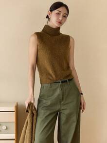 Dazy-Less Bộ 2 áo len cardigan dệt kim dài tay màu trơn và áo len cổ lọ không tay cho nữ, mùa thu/đông - Cà phê nâu - Xem 8