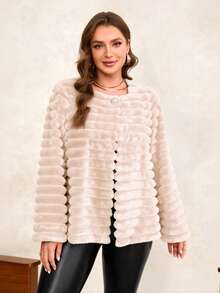 Chikora 大码纯色纽扣仿毛皮长袖外套，秋冬款 - 淺粉色 - 查看 4