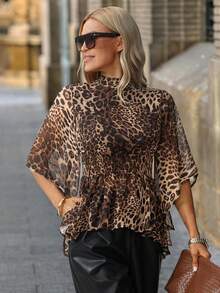 Solivie Áo cánh thời trang nữ cổ loe tay loe họa tiết da báo, thắt eo - màu đen - Xem 3