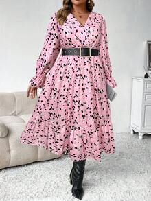 SHEIN Clasi 大码女装秋冬时尚休闲V领碎花长款收腰连衣裙，修身显瘦长款女装 - 粉色 - 查看 8
