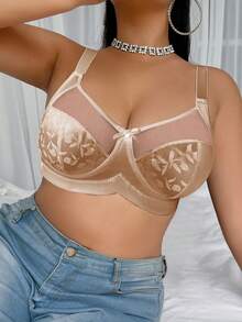 DesireSculpt 1件加大码女士花卉提花蝴蝶结装饰无钢圈文胸 - 杏色 - 查看 3