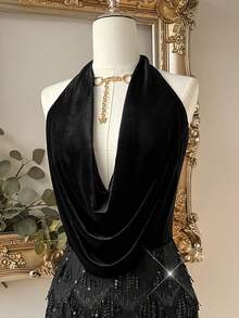 Lovelzi Đầm ngắn bodycon tua rua cổ yếm hở vai phong cách Millennium Baddie thanh lịch, màu đen, viền bèo nhún, phù hợp với nhiều dịp khác nhau, đầm dự tiệc cho nữ, đầm lưới, đầm trang trọng - màu đen - Xem 3