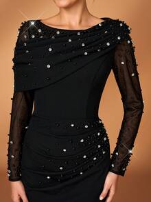 Serin 优雅奢华的串珠泡泡设计弹力针织网纱透视袖褶皱鱼尾裙，适合婚礼、派对、度假、晚宴、节日、新娘母亲晚礼服等场合。 - 黑色 - 查看 1