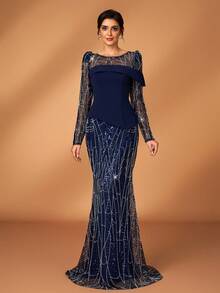 Serin Elegant Luxurious Navy Blue Beaded Puff Sleeve Sequin Floral Splice Stretchy Knit Mermaid Skirt, Suitable For Weddings, Parties, Vacations, Galas, Holidays, Mother Of The Bride Evening Gowns - Navy Blue - View 7