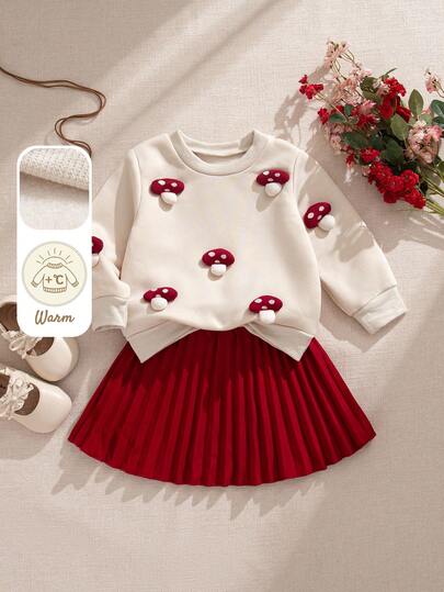 Souflis 2025秋冬法式复古两件套-红色蘑菇图案上衣&红色百褶裙，女婴