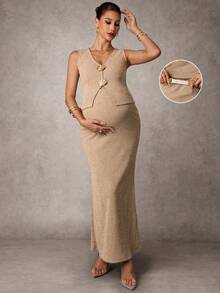 MaterniChic Bộ 2 món áo yếm viền kim loại trang trí cho bà bầu và chân váy midi cạp có thể điều chỉnh, thời trang - Màu Khaki - Xem 1