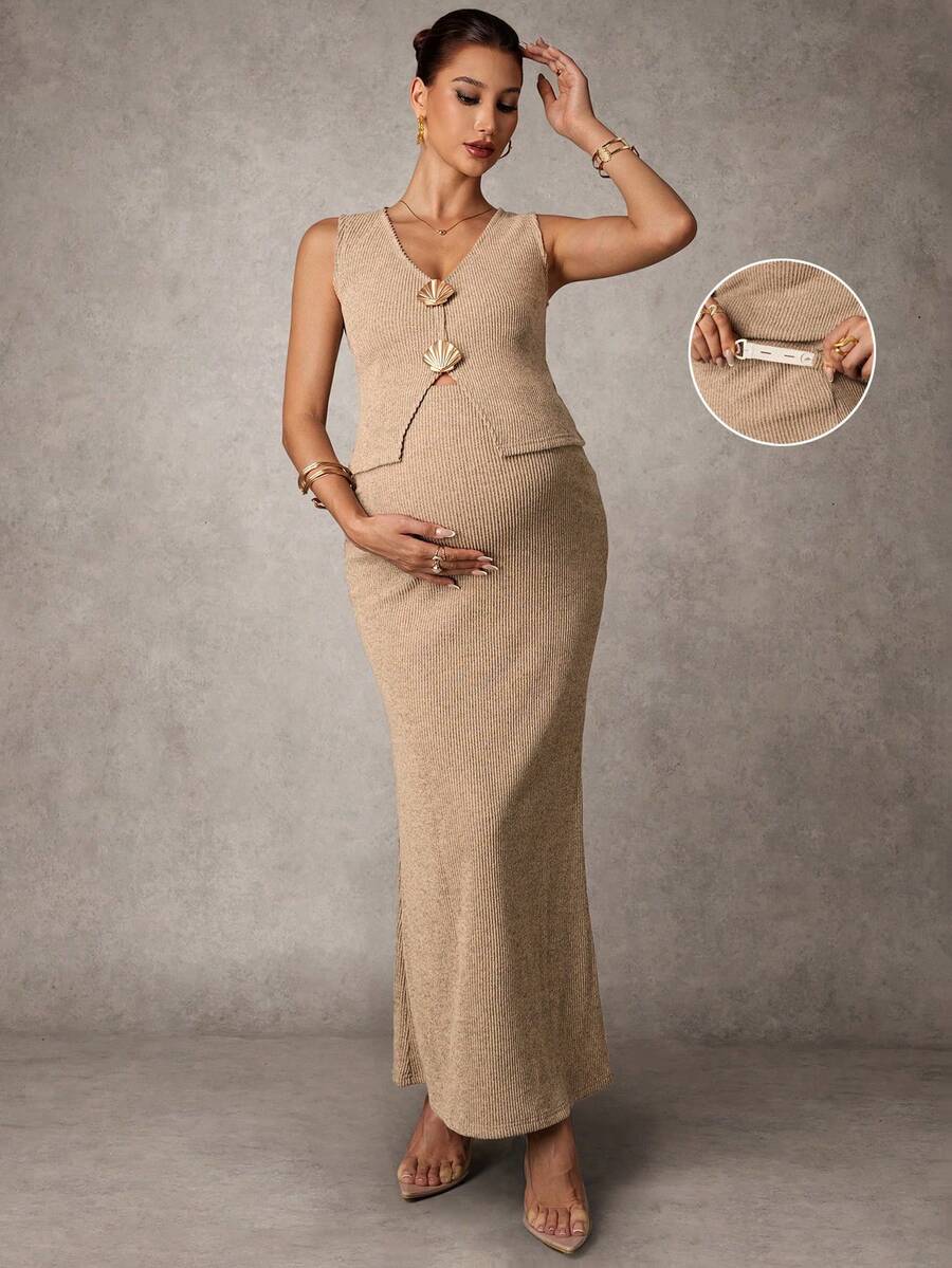 MaterniChic Bộ 2 món áo yếm viền kim loại trang trí cho bà bầu và chân váy midi cạp có thể điều chỉnh, thời trang - Màu Khaki - Xem 1