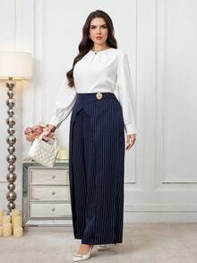 Modelyn Pantalones rectos de cintura elástica a rayas para mujer de talla grande, con decoración de hebilla metálica, casuales y versátiles, adecuados para el diario, el trabajo y diversas ocasiones - Azul Marino - Ver 8