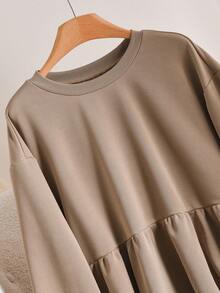 CosyJoli Plus Size Women's Solid Color Round Neck Drop Shoulder Long Sleeve Ruffle Hem Casual Sweatshirt - Camel - View 4